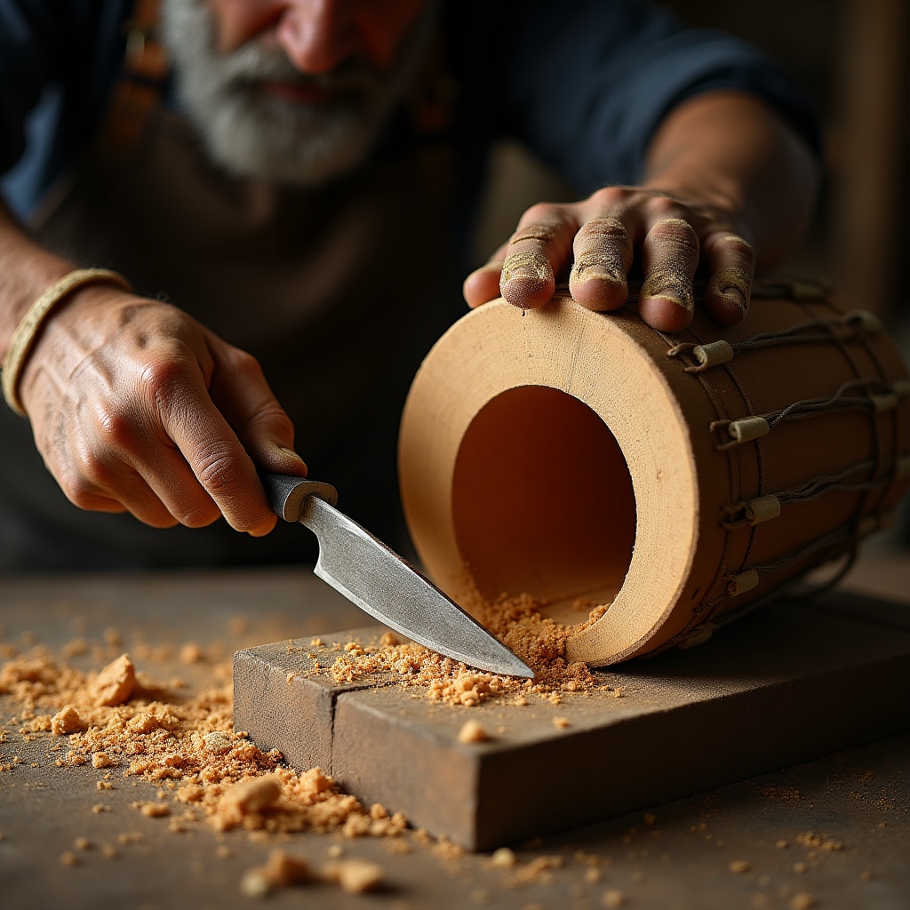 Detalle de trabajo artesanal sobre madera en el taller Helo Morai